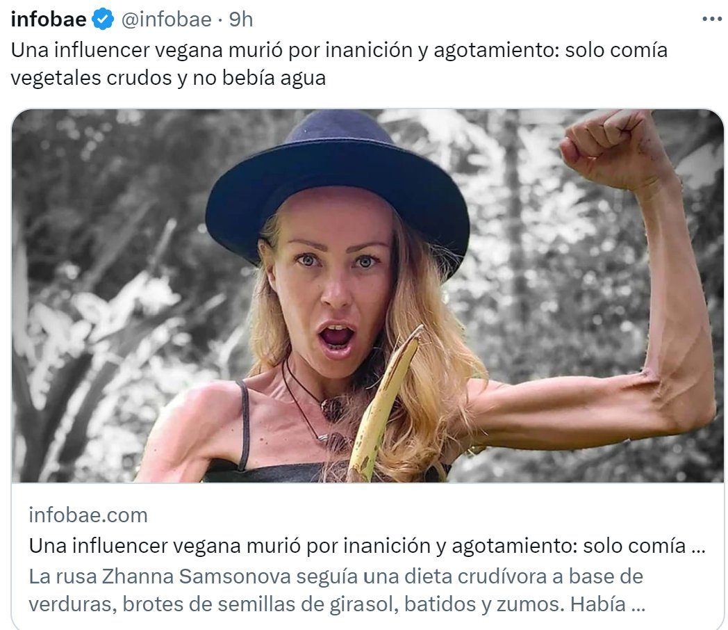 A estas alturas de la vida, sobra decir que si una persona vegana muere por no comer ni beber agua, no es cosa del veganismo, sino culpa de estas locuras.
Cada vez que muere una persona por hacer idioteces no hay que destacar su dieta.
Igual que si un fan del atleti no bebe agua.