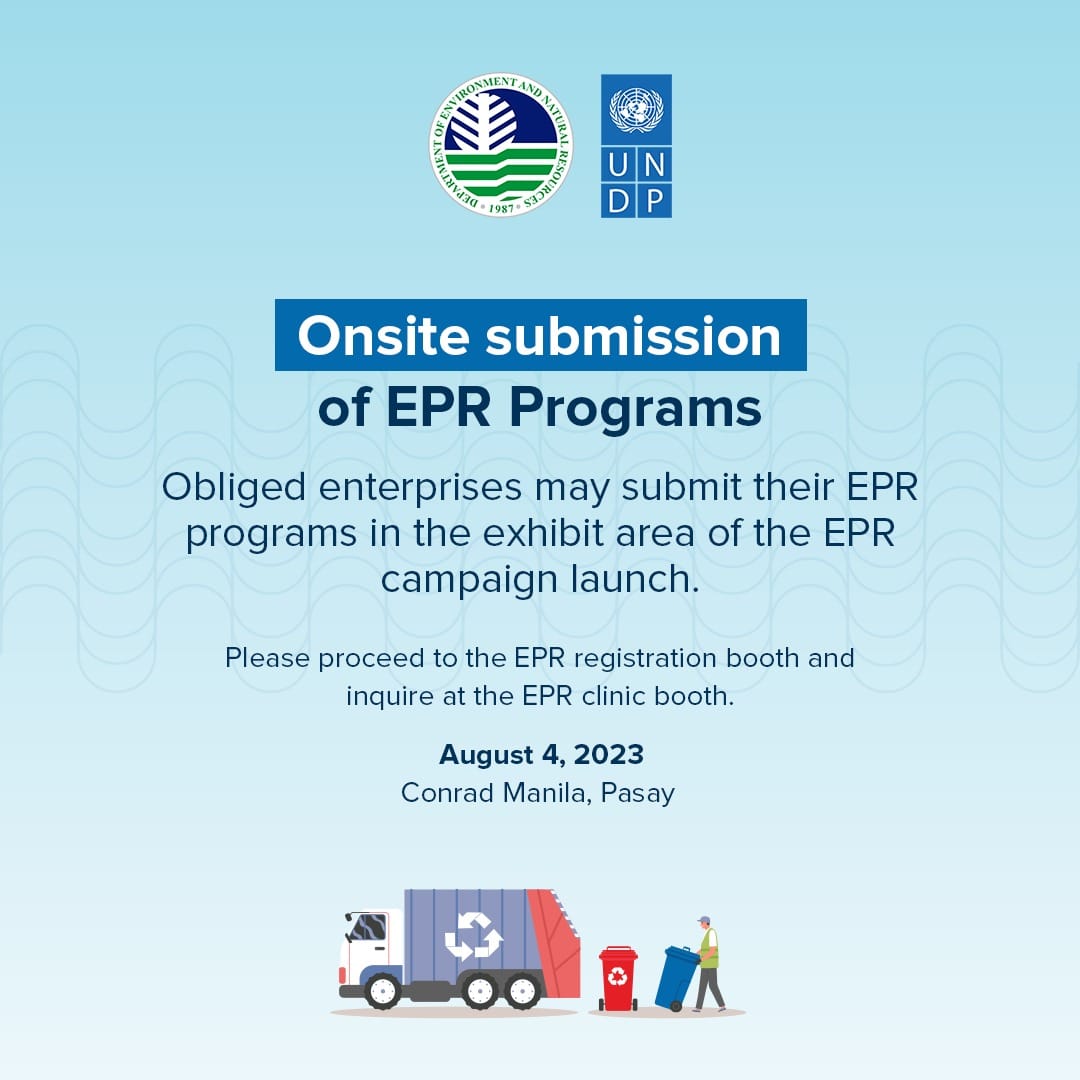 DENROfficial's tweet photo. As we launch the campaign for the Extended Producer's Responsibility Act of 2022 on August 4, 2023, the DENR is accepting onsite submission of EPR programs for an easy and hassle-free process!
#LOOPForward
#EPRActof2022 https://t.co/nNpqGPdajP