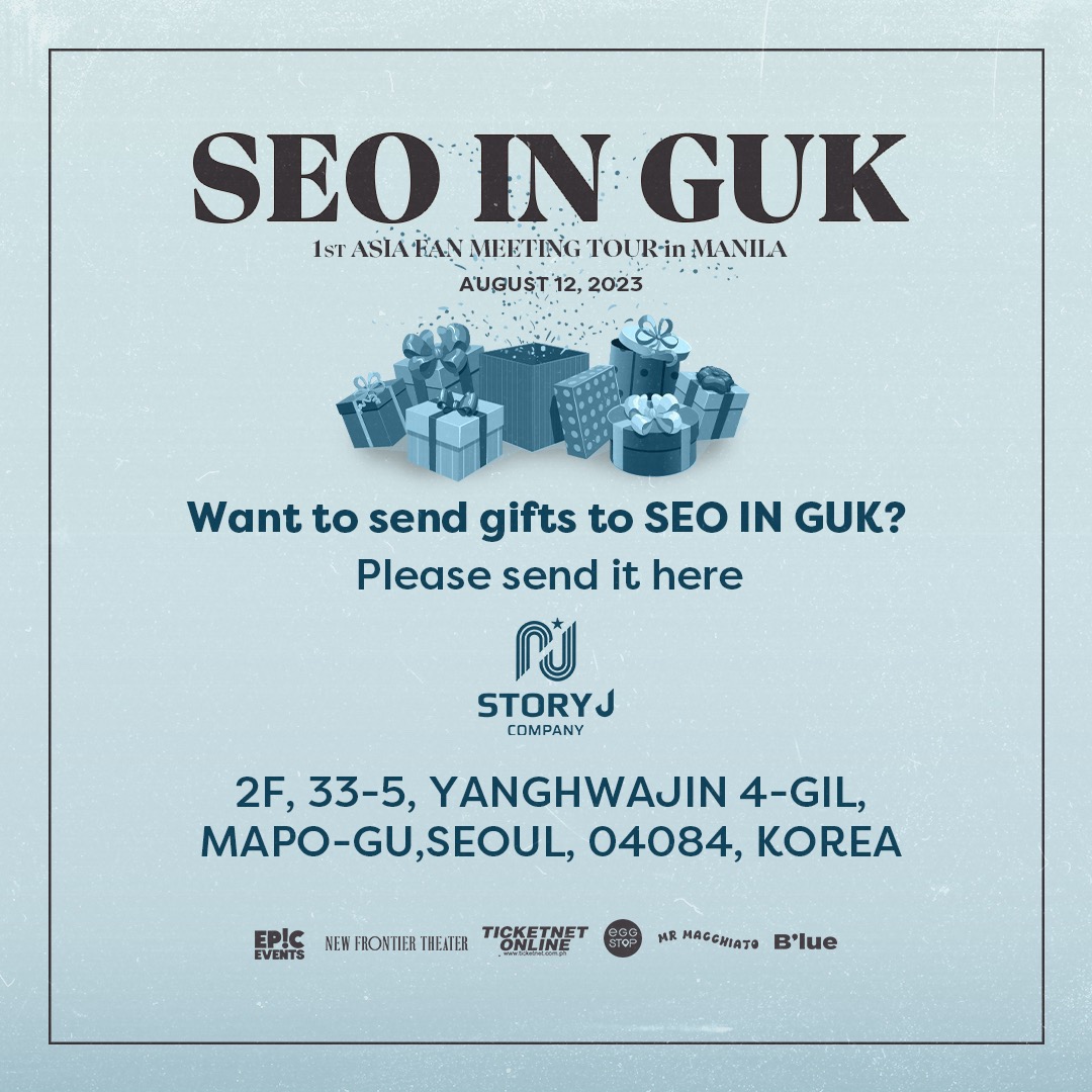Seo In Guk fans! Do you want to send gifts to him? Please see below the delivery address. 😊

📌 𝘽𝙪𝙮 𝙮𝙤𝙪𝙧 𝙩𝙞𝙘𝙠𝙚𝙩𝙨 𝙣𝙤𝙬 𝙖𝙩:
ticketnet.com.ph

#SeoInGukinManila