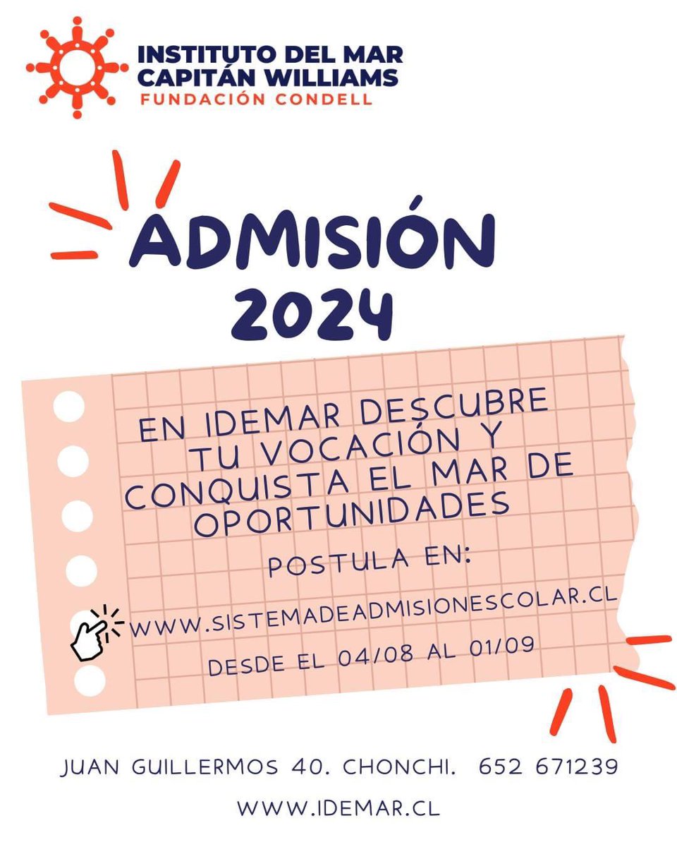 ¡Da un paso hacia el éxito y postula a #IDEMAR!🥇⚓️ Liceo Técnico Profesional de #Chonchi #Chiloé

Postula entre el 04 de agosto y  01 de septiembre  en sistemadeadmisionescolar.cl 

#PuertoMontt #Calbuco #Ancud #Quellón #Hornopirén #LosMuermos #Osorno #Valdivia