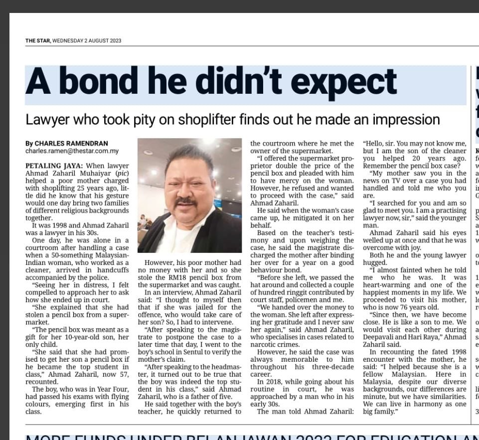 I welled up reading this. 

This lawyer defended a mother charged with shoplifting a pencil box which was meant to be a gift for his son. 

Many years later that boy approached the lawyer, himself  a barrister.