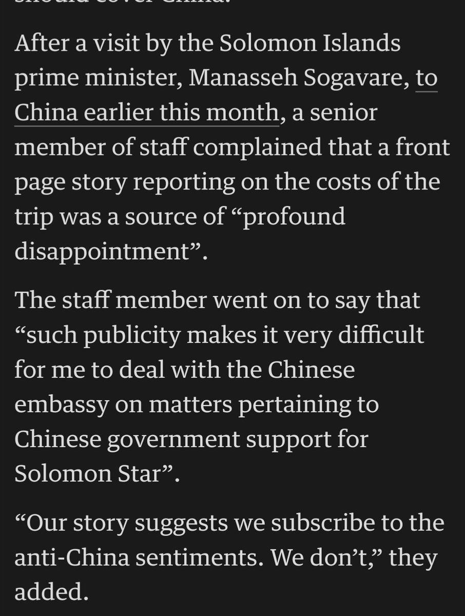 The Guardian picks up on <a href="/OCCRP/">Organized Crime and Corruption Reporting Project</a>'s reporting on the Solomon Star's China deal.

It contains a new revelation: a Star employee (NB: it's Sasako) angry at recent critical coverage that "makes it very difficult for me to deal with the Chinese embassy... theguardian.com/world/2023/aug…