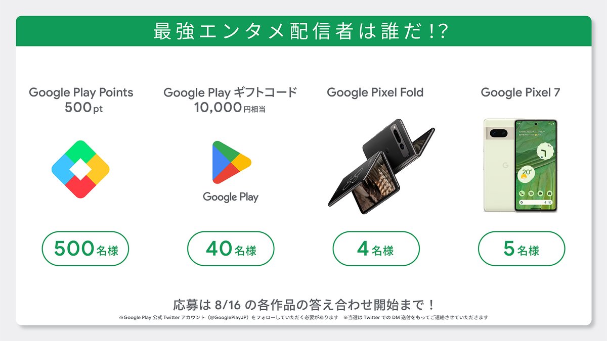 GooglePlayJP's tweet photo. 【視聴者予想企画｜第１弾】

／
総合成績でTOPを獲る、最強エンタメ配信者は誰だ!?
＼

この投稿を引用RTで配信者の名前をつけて投稿！

Google Pixel シリーズや
Google Play Points 
Google Play ギフトコードが抽選で当たる！

参加は8/16の配信の答え合わせ開始まで！

#最強エンタメ配信者決定戦 https://t.co/iCzoxoC5RL