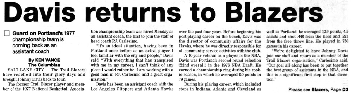 77Blazers's tweet photo. Aug 1 1994 - The @trailblazers announce that #JohnnyDavis will be an asst. coach to #PJCarlesimo.

Davis was the starting guard as #Blazers marched towards the 1977 @NBA Title &amp; has been asst. coach in NBA for past 4 years after he played 10 years

#RipCity https://t.co/WTn2r859J8