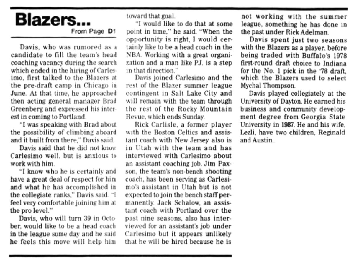 77Blazers's tweet photo. Aug 1 1994 - The @trailblazers announce that #JohnnyDavis will be an asst. coach to #PJCarlesimo.

Davis was the starting guard as #Blazers marched towards the 1977 @NBA Title &amp; has been asst. coach in NBA for past 4 years after he played 10 years

#RipCity https://t.co/WTn2r859J8