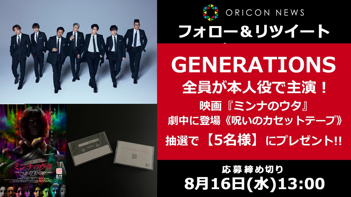 oricon's tweet photo. 🎁#オリコンプレゼント

🎥GENERATIONSが本人役で出演✨
映画『#ミンナのウタ』劇中に登場する【呪いのカセットテープ】《5名様》にプレゼント❗

📼8/16(水)13時〆切
1⃣@oriconをフォロー
2⃣投稿をRT
3⃣応募フォーム記入
https://t.co/MuOz1RAMpe

#ミンナノウタ@minnanouta_MG @generationsfext https://t.co/maOrQzJ82B