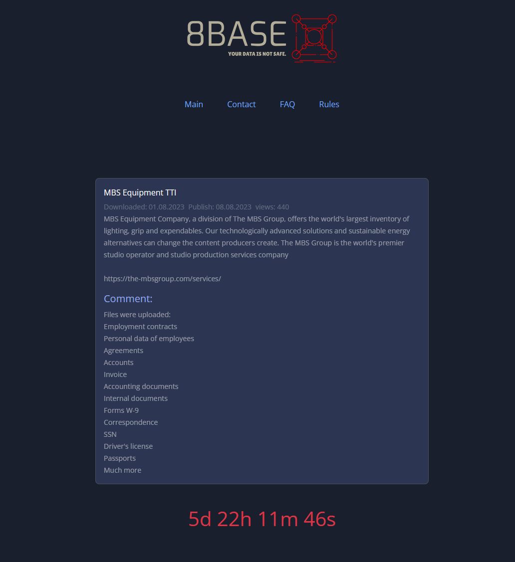 #USA #cyberattack MBS Equipment TTI von @8BASEHOME #Ransomware betroffen.