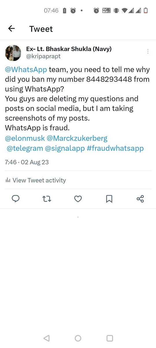 ltbhaskarshukla's tweet photo. Guys, @WhatsApp is deleting my posts on Twitter and Facebook when I am asking them that why did they ban my number. WhatsApp is fraud. They are shameless. They treat Indians badly. Let's teach them a lesson.
@elonmusk @Marckzukerberg @PMOIndia @telegram @signalapp 
#fraudwhatsapp https://t.co/BX9RkdlwCK
