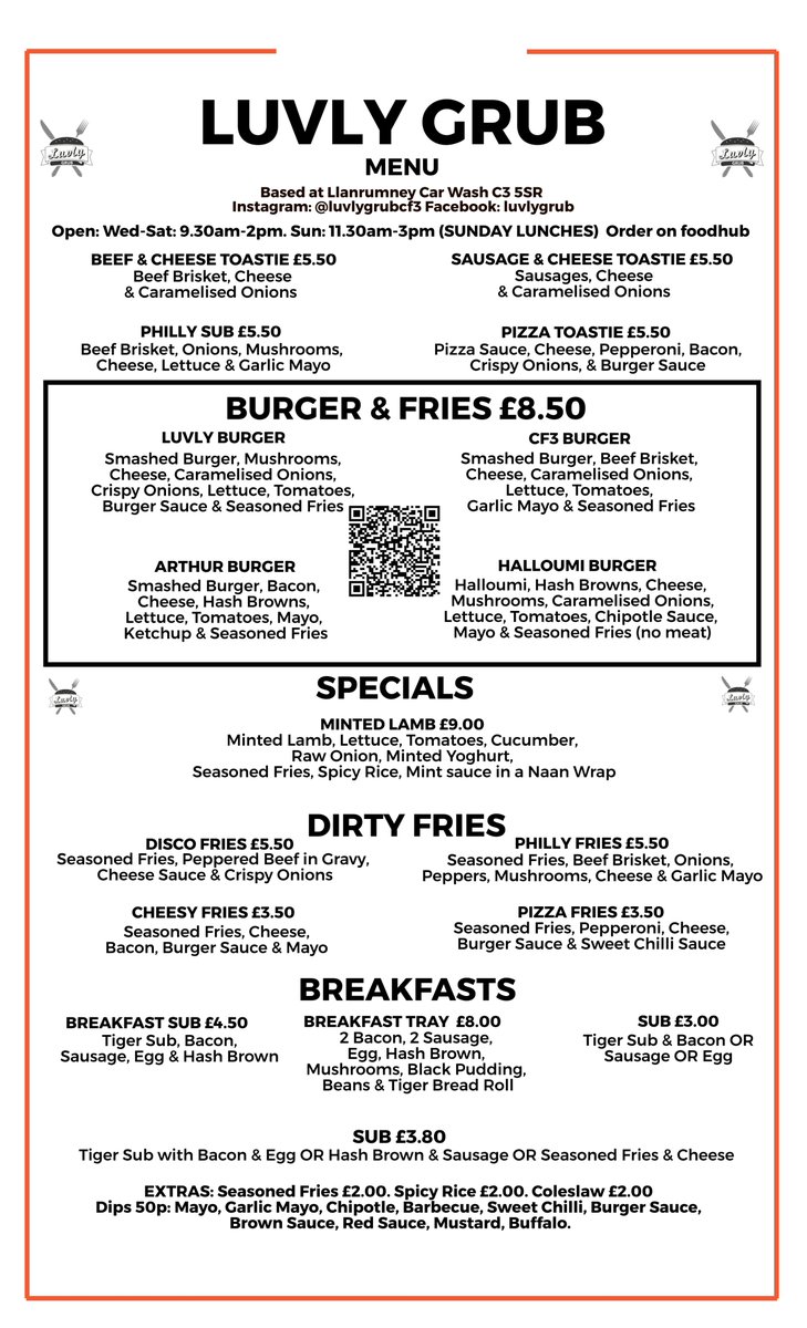 Hi all, from this Wed, our hours will be: Wed-Sat: 9.30am-2pm. Sun: 11.30am-3pm (Sunday Lunches) We will be delivering within a 2 mile radius at the moment, please order on Foodhub there's 15% off your order, we are based at Llanrumney Car Wash CF35SR Thankyou 🍔