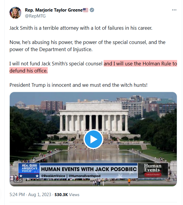 Marjorie Greene proclaims, 'I will use the Holman Rule [to defund Jack Smith's office].' 🤯 Now (assuming you're interested in this), you might be wondering, 'What's the Holman Rule?' Great question – except it doesn't matter because, what Ms Greene doesn't know is… #HRules 🧵