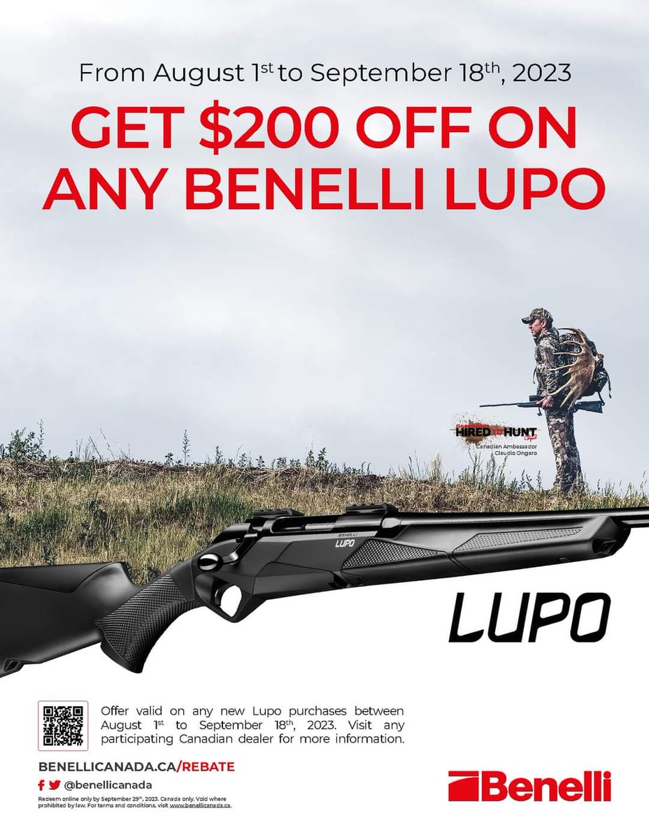 Rockymtnx's tweet photo. Attn: Canadian Followers
My friends over at @BenelliCanada are offering a $200.00 rebate on the purchase of new Benelli #Lupo between August 1st through September 18th. 
This would be a great chance to save yourself $200.00 #PrecisionAccuracy #DominateTheMoment #10YearWarranty https://t.co/OZtcZmHAG5