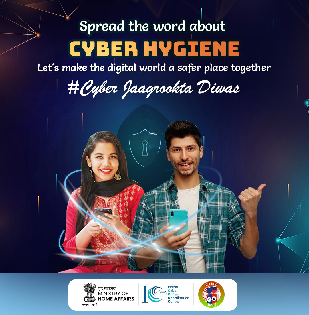 Cyberdost's tweet photo. Spread the word about cyber hygiene. Let's make the digital world a safer place together. This #CyberJaagrooktaDiwas become a cyber volunteer to do your bit. Tell people about Cybercrime Helpline No. 1930 &amp; NCRP https://t.co/pVyjABu4od
#CJD  #Dial1930 #CyberSafeIndia @ANI @RBI https://t.co/0XozOhKzHt