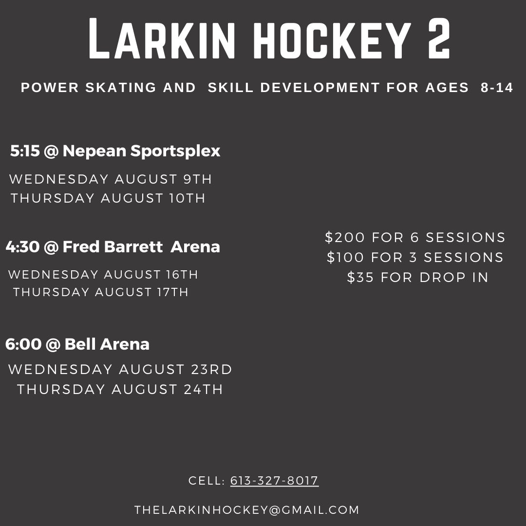 Here we go again..

Larkin Hockey 2
Pre-tryouts ice times for ages 8 to 14. Power Skating and Conditioning as well as skill development and games at the following dates and times. 

#OttawaHockey #OttawaHockeyforkids #PowerskatingOttawa
#PowerskatingforkidsOttawa
#Hockeyforcheap