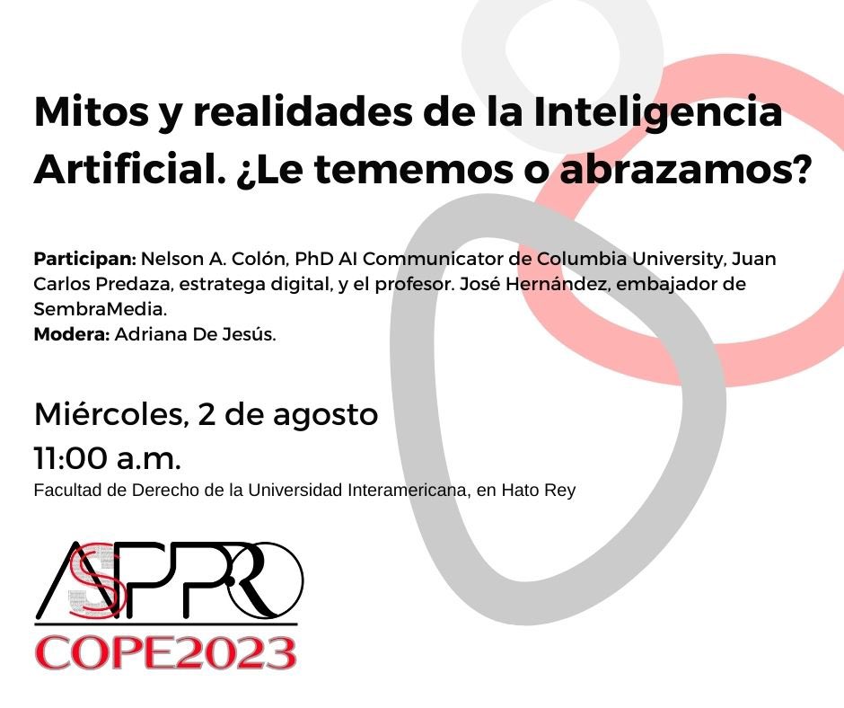 asppro_oficial's tweet photo. Atención colegas. Mañana miércoles, 2 de agosto a las 11am en el Anfiteatro 4 de la Facultad de Derecho discutimos los mitos y realidades de la inteligencia artificial. ¡Te esperamos! https://t.co/WNX3fm04x8
