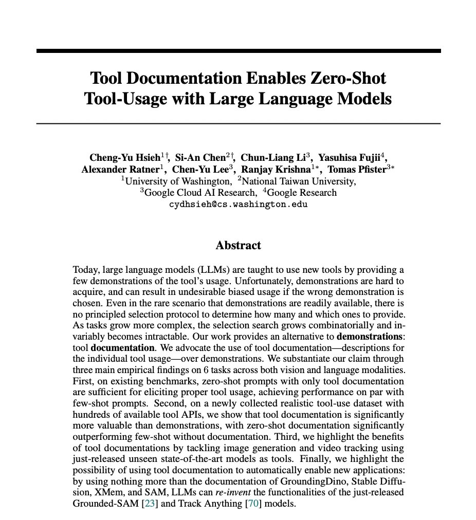 _akhaliq's tweet photo. Tool Documentation Enables Zero-Shot Tool-Usage with Large Language Models

paper page: https://t.co/voXsq7cLF5

Today, large language models (LLMs) are taught to use new tools by providing a few demonstrations of the tool's usage. Unfortunately, demonstrations are hard to acquire, and can result in undesirable biased usage if the wrong demonstration is chosen. Even in the rare scenario that demonstrations are readily available, there is no principled selection protocol to determine how many and which ones to provide. As tasks grow more complex, the selection search grows combinatorially and invariably becomes intractable. Our work provides an alternative to demonstrations: tool documentation. We advocate the use of tool documentation, descriptions for the individual tool usage, over demonstrations. We substantiate our claim through three main empirical findings on 6 tasks across both vision and language modalities. First, on existing benchmarks, zero-shot prompts with only tool documentation are sufficient for eliciting proper tool usage, achieving performance on par with few-shot prompts. Second, on a newly collected realistic tool-use dataset with hundreds of available tool APIs, we show that tool documentation is significantly more valuable than demonstrations, with zero-shot documentation significantly outperforming few-shot without documentation. Third, we highlight the benefits of tool documentations by tackling image generation and video tracking using just-released unseen state-of-the-art models as tools. Finally, we highlight the possibility of using tool documentation to automatically enable new applications: by using nothing more than the documentation of GroundingDino, Stable Diffusion, XMem, and SAM, LLMs can re-invent the functionalities of the just-released Grounded-SAM and Track Anything models.