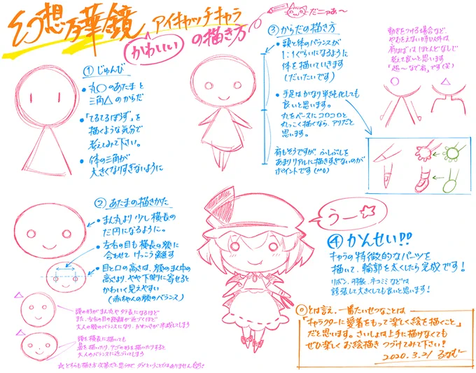 ■夏休みお絵描き支援-Part2-■ 幻想万華鏡のアイキャッチに登場するぷちキャラの描き方です。これからお絵描き始めたいなと思ってる人にもオススメ😉  🌟セブンネットプリントに復刻登録しました。紙で欲しい方はぜひー 【予約番号】37700858 カラー60円/白黒20円(印刷時選択) A4サイズ 8/9まで