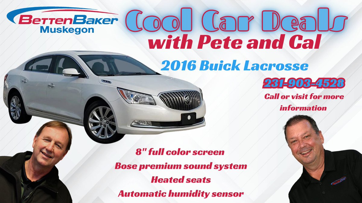 Experience a #great ride with this 2016 #Buick #Lacrosse! Don't miss out on this opportunity to make a statement! Pete & Cal are waiting to hear from you! 
 #BuickLacrosse #LuxuryMadeAffordable #BettenBakerMuskegonisthebest