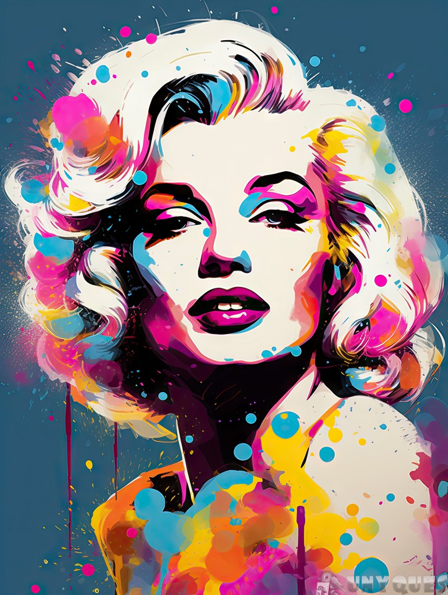 Unyquesart's tweet photo. 🎨Marilyn's Splatter Charm

A paint splatter depiction of Marilyn Monroe. The blend of dark sky-blue, amber, and light magenta creates a bold character design, capturing her iconic allure.
https://t.co/2Uf1USlKEj

#art https://t.co/WMoeJSeoIo