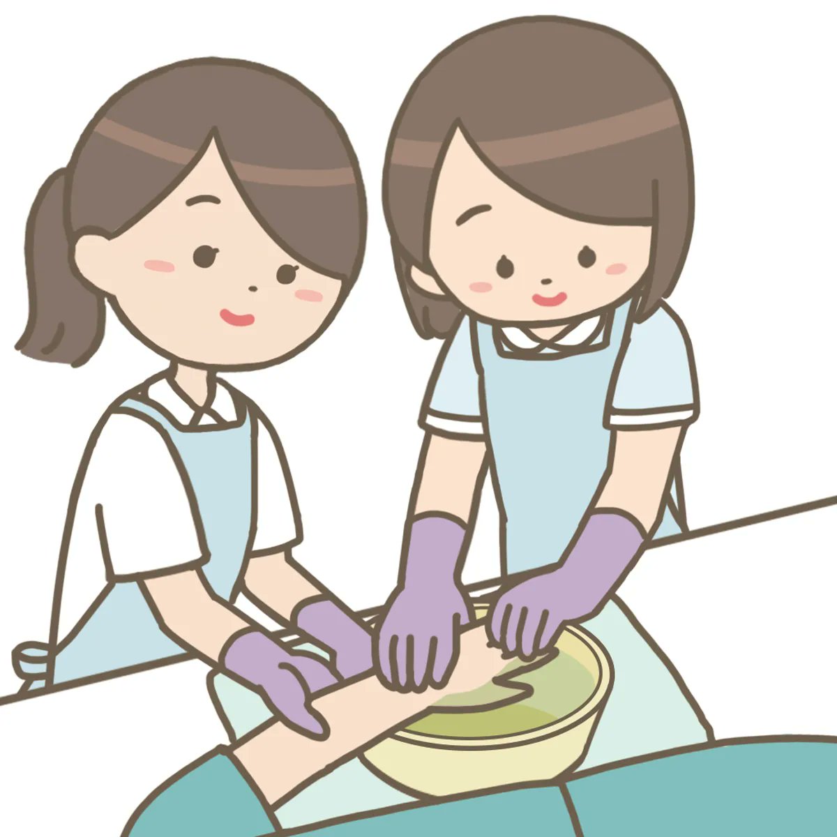 「日常生活援助のため、手浴を行う看護学生さんをフォローする看護師さんのイラストです」|看護師🎨イラスト集＠看護roo!のイラスト