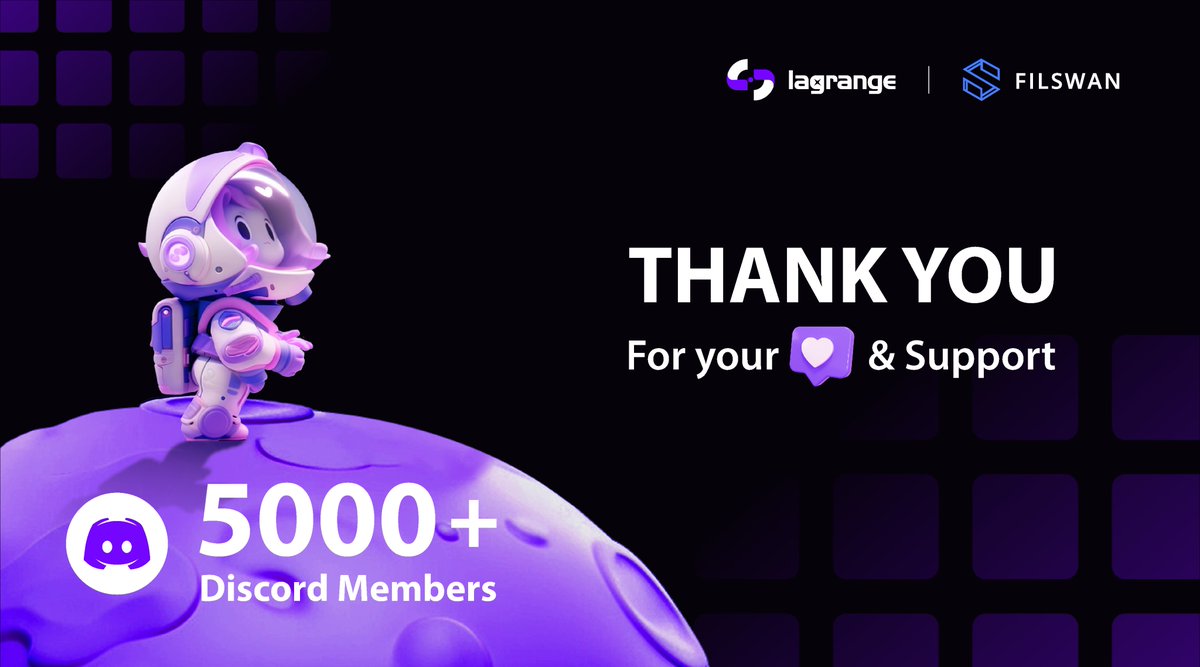 We never stop growing!

𝟙. Testnet is ready to go live. 
𝟚. 5K+ members on discord.
𝟛. More to come👀 

🎁 3 OG Role (with airdrop) for this tweet if you: 

❶ Follow @0xFilSwan and <a href="/lagrangedao/">Lagrange</a>
❷ Retweet, like, and tag 3 friends
❸ Join our discord 

⏰ 48hr