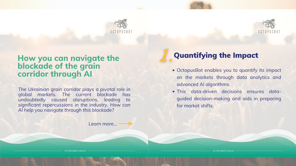 Octopusbot1's tweet photo. π OctopusBot AI: Navigating Ukraine's Grain Blockade πΎπΊπ¦
Ukraine's crisis disrupts agriculture & grain exports.
π Quantify the Impact
π‘ Monitor & Re-Plan Precisely
βοΈ Assess & Mitigate Risks
https://t.co/icFRfD3cic
#UkraineCrisis #GrainBlockade #DataDriven #AI #OctopusBot1 https://t.co/CVClceA1nO