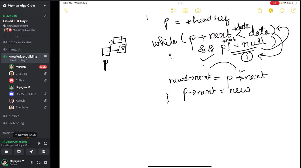 WomenAlgoCrew's tweet photo. Wednesday morning session....

Discussed one question on Linked List

Insert an element in a sorted linked list such that the resultant Linked list is also sorted.. https://t.co/wNrzNiUAaU