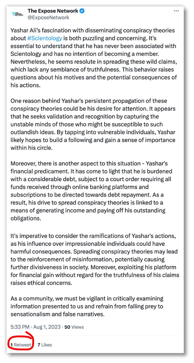 SemiScientology's tweet photo. My, my ... you have certainly stirred up your "community."

We can safely assume @Yashar Ali doesn't give a sh*t about your opinions, as do very few others unless they belong to the cult of #Scientology.

Perhaps you need a friend who cares ... https://t.co/UaXt3R1I1D https://t.co/x18M7vXfWw
