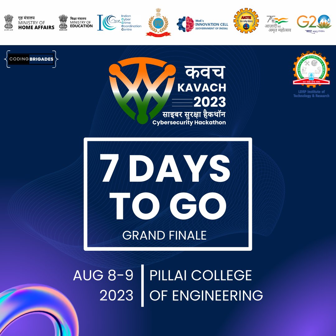 KrutikaPatel235's tweet image. The wait is almost over! 🌟7 days left to prepare for the epic Kavach-2023 Hackathon!🚀#Kavach2023 #cybersecurityHackathon #CountdownBegins #teamwork #ministryOfEducation,#MinistryOfHomeAffairs #AICTE,#MIC