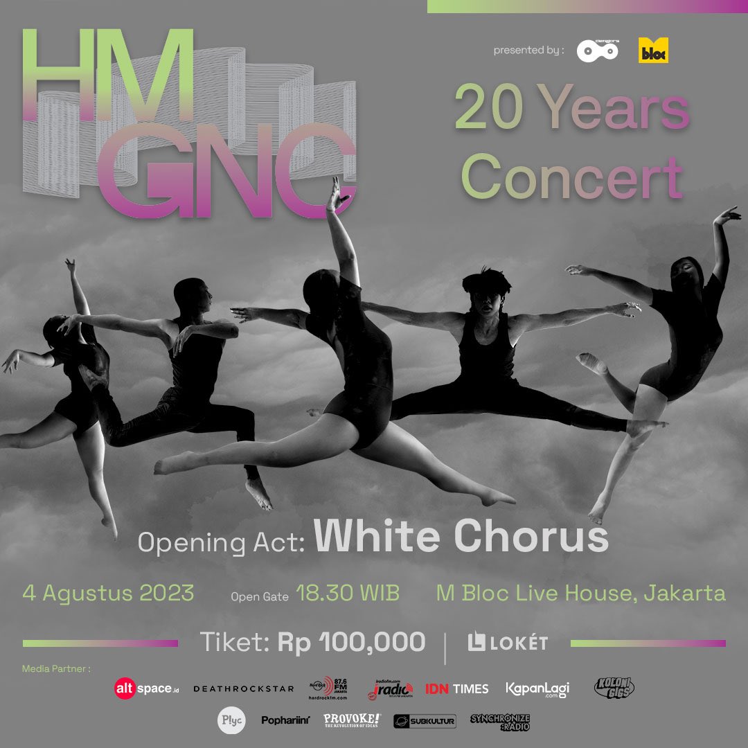 Semakin dekat menuju HMGNC 20 Years Concert, tiket sudah tersedia di loket.com!

Turut menampilkan White Chorus sebagai band pembuka. Jangan sampai kelewatan perayaan 20 tahun HMGNC yang dipersembahkan oleh demajors dan Mbloc! 

#HMGNC #hmgnc20years #demajors