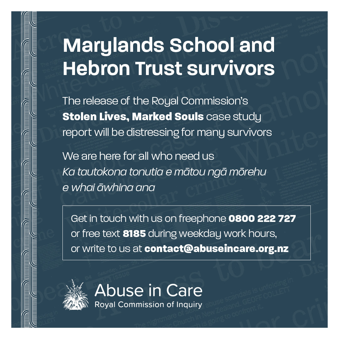 AbuseRoyal's tweet photo. Today’s release of the report Stolen Lives, Marked Souls will be distressing for Marylands School and Hebron Trust survivors. We are here to support you. Reach us on freephone 0800 222 727 or free text 8185 during weekday work hours, or write to us at contact@abuseincare.org.nz https://t.co/4BYefvbbqD