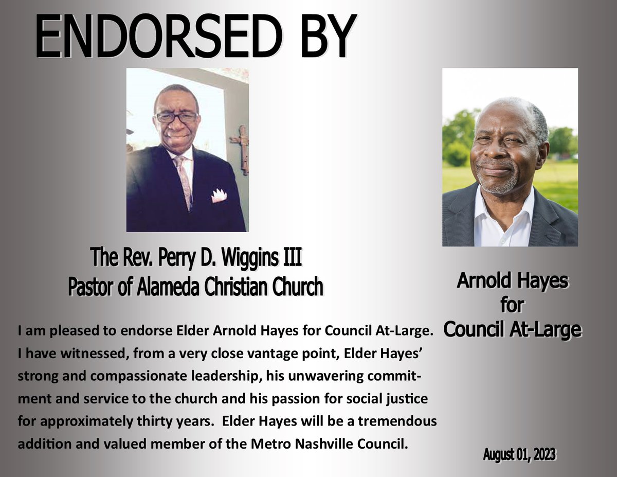 HayesForJustice's tweet photo. Thank you the Rev. Perry Wiggins III, Pastor of my local congregation, for your endorsement for Metro Nashville Council At-Large! #BetterDaysWithHayes https://t.co/1HkhbDKCD0