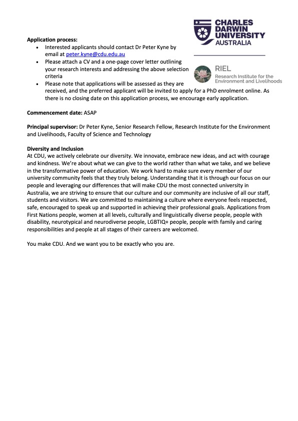ASFB (@austsocfishbiol) on Twitter photo PHD OPPORTUNITY: Threatened Marine Species Bycatch Mitigation Project @spottedcatshark <a href="/CDUni/">Charles Darwin University</a>
Investigate bycatch mitigation measures for sharks & sawfish in gillnet fisheries, & assess sawfish movement patterns following release after capture.
Start ASAP, details attached! PHD OPPORTUNITY: Threatened Marine Species Bycatch Mitigation Project @spottedcatshark <a href="/CDUni/">Charles Darwin University</a>
Investigate bycatch mitigation measures for sharks & sawfish in gillnet fisheries, & assess sawfish movement patterns following release after capture.
Start ASAP, details attached!