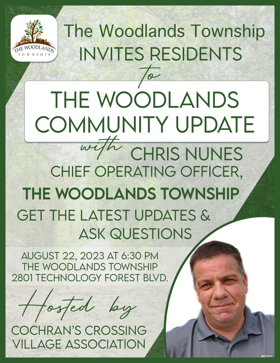 CCVillageAssoc's tweet image. Residents are invited to #TheWoodlandsTownship Community Update hosted by Cochran&apos;s Crossing Village Association, with a presentation &amp;amp; Q&amp;amp;A from Chris Nunes, COO of @thetownshiptx. More info: cochranscrossing.org/events/.

#thewoodlands #thewoodlandstx #thewoodlandstexas
