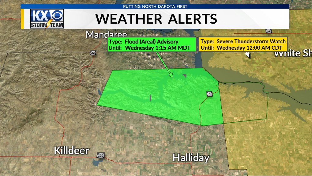 KXMB's tweet photo. The National Weather Service has issued a Flood Advisory until 3 AM Wednesday morning, August 2nd. Areas affected are northern Kidder, southern Wells, southern Foster, and northern Stutsman counties. There will be minor flooding in low-lying areas. https://t.co/vBlyhG1NAl