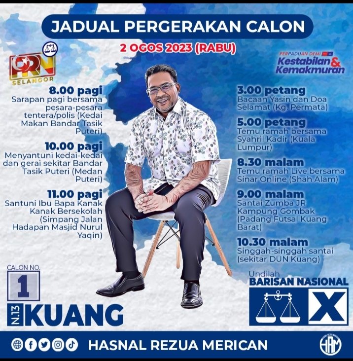 Ikuti jadual pergerakkan calon DUN N13 hari ini. Utk warga kuang pilih Calon No. 1 !!
