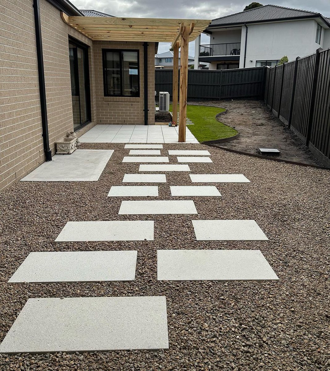 Our Bone #pavers during and post-install, looking crisp and clean onsite!

Construction and images by Elysian Landscape &amp; Irrigation 👌

#gardenpath #steppers #landscaping