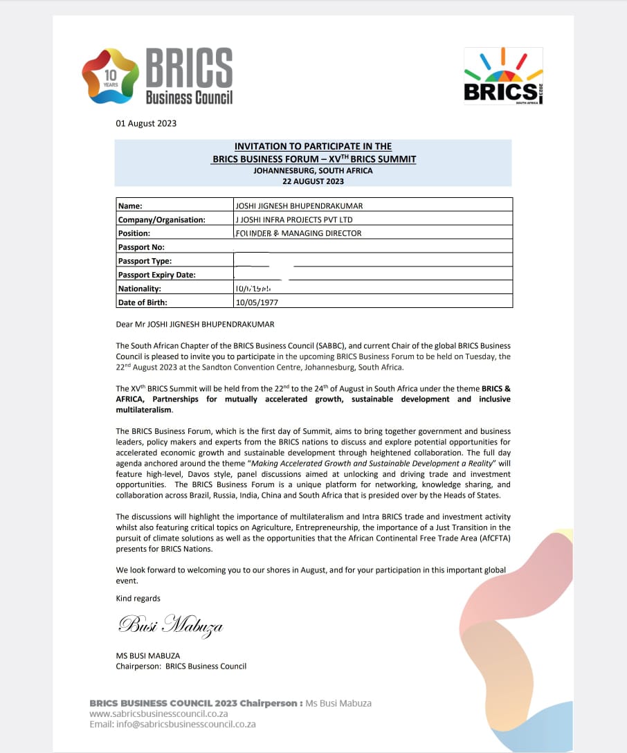 dholeraplot's tweet image. Good Morning, I would like to share a good news with you.  We have received a invitation from Chairperson, BRICS Business Council to participate in the BRICS Business Forum - XVth BRICS Business Summit at Johannesburg, South Africa.
