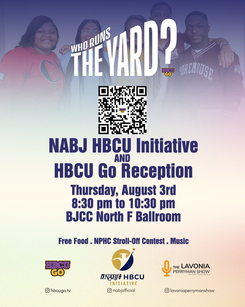 HBCUGoTV's tweet image. Headed to @nabjofficial?
Stop by the @hbcugo.tv x @nabjhbcu reception on 8/3. #Greeks scan the QRC to enter the WRTY #StrollOff. You must be a registered attendee of #NABJ23 to participate. 
Come eat, drink, stroll, &amp;amp; see what #HBCUGO has for the Football season!
#NABJ #WRTY #D9