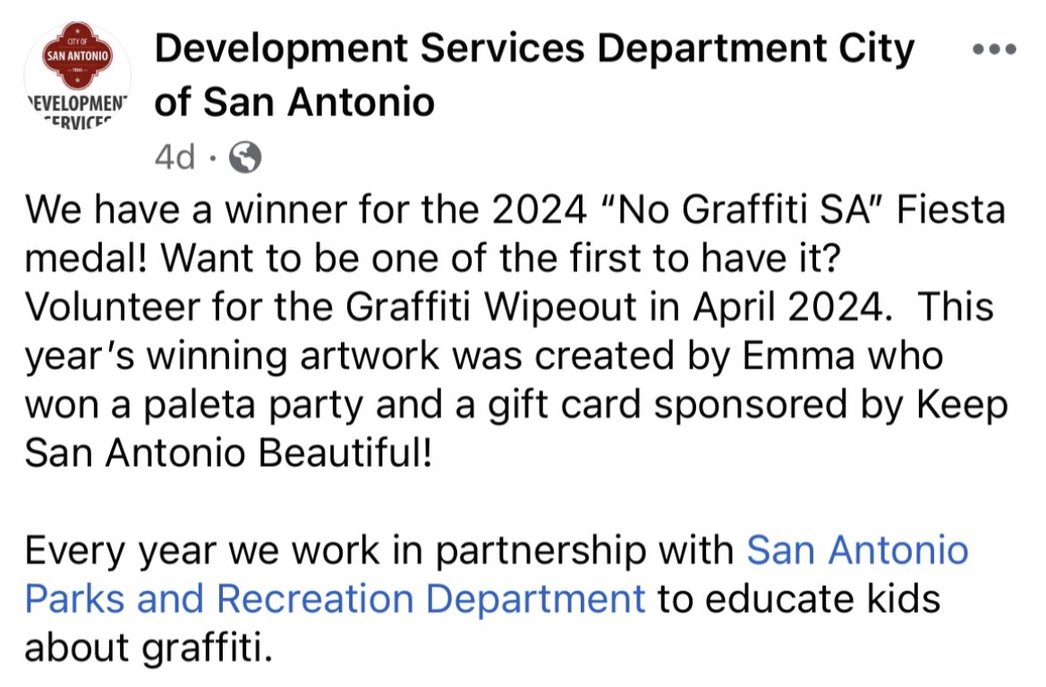 KSABeautiful's tweet photo. Shout out to Emma, winner of this year’s “No Graffiti SA” Fiesta medal!
@COSAGOV @SAParksandRec #GraffitiWipeout #keepSAbeautiful https://t.co/C96WHWIfVJ