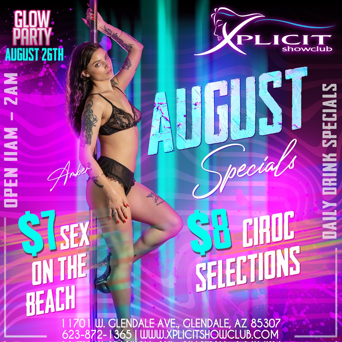 🌴🍹 Sip into Summer Bliss with August Specials
🏖️ $7 Sex on the Beach Drinks 🍹
🍸 $8 Ciroc Vodka Selections 🌞
Indulge with the Best View in Town!💃
Join Amber and the XGirls for a Taste of Paradise! 🍹🌞🏝️
#AugustSpecials #CocktailDelights #SummerSips #GlowParty on August 26th