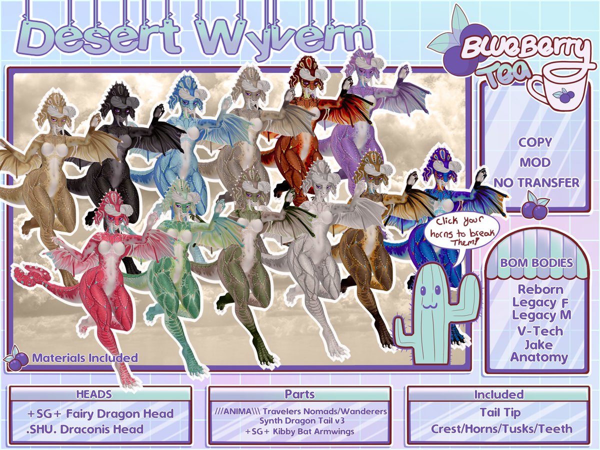 Blueberry_Teas's tweet photo. With the summer heat and tumbleweeds blowing across the sands, comes the desert wyverns looking for cacti to munch. Be careful these cuties while herbivorous are a bit territorial, sometimes breaking a horn or two in fights! Get one at @Abnormal_Event on August 7th! #BBTeaSL https://t.co/Vzq9n2SMCj