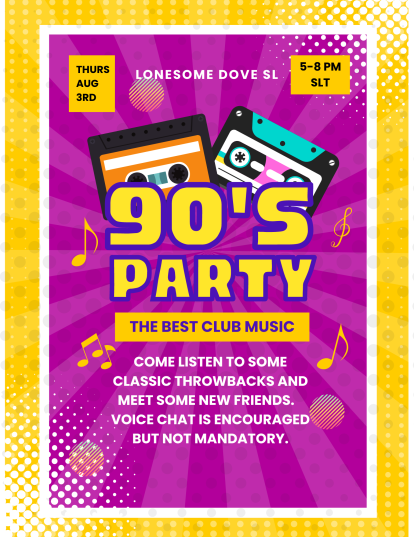 LonesomeDoveSL's tweet photo. Thurs, August 3rd 5-9pm SLT we'll be listening to some 90s tunes @ the Dove, so break out those bootleg jeans, bright colors &amp; flannels. Maybe some scrunchies too for good measure😜 Bonus points if you come holding a troll doll or a furbie!

#SecondLife

https://t.co/uCOdVji3AG https://t.co/PtLLL8iBfR