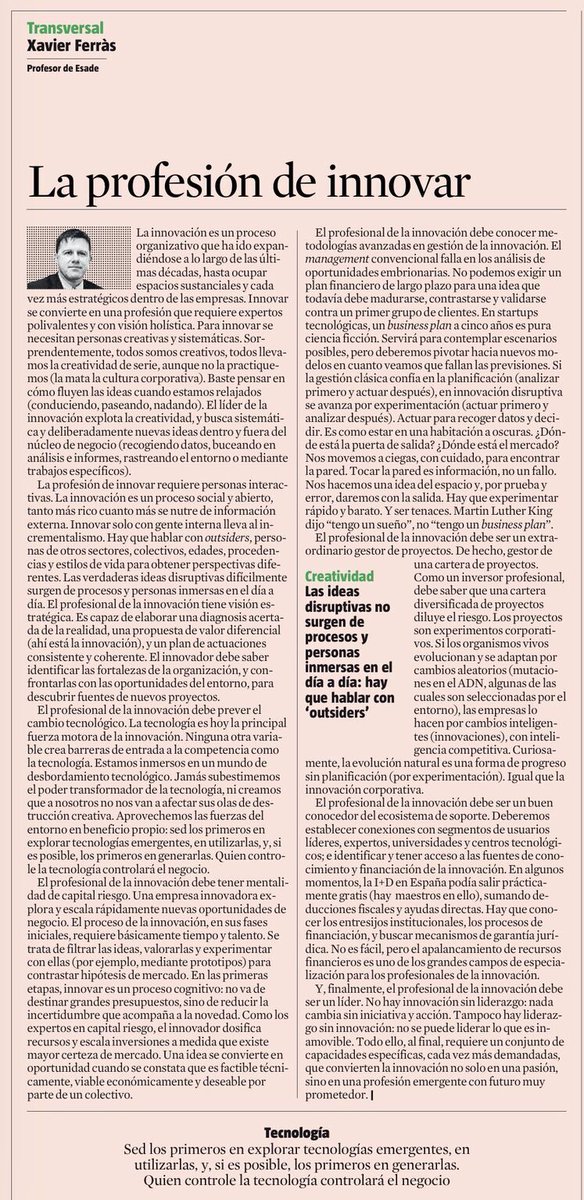 💡Profesionales de la innovación💡

Este artículo de Xavier Ferràs explica las ventajas de trabajar en equipos multidisciplinares y defiende que para innovar se necesitan distintas habilidades específicas como la creatividad.   

Fuente: <a href="/LaVanguardia/">La Vanguardia</a>

📝lnkd.in/dRxsqmfR