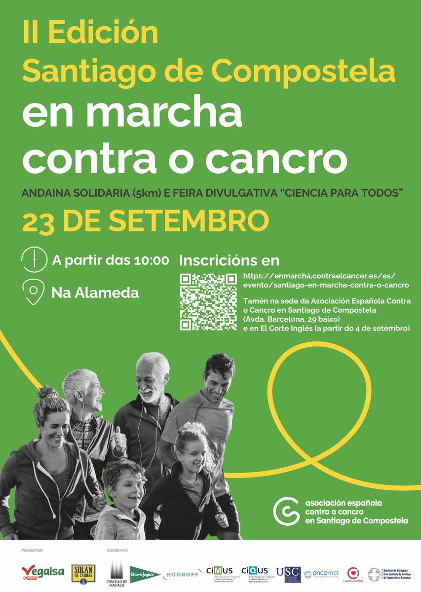 ContraCancerAC's tweet image. SANTIAGO | II Andaina Solidaria &quot;Santiago de Compostela en marcha contra o cancro&quot; 

🗓23 de SETEMBRO · Ás 10 h. na Alameda

💚PREZO 10€ // 5€ (peques).

🖌INSCRICIÓNS: 
enmarcha.contraelcancer.es/es/evento/sant…
ou na sede da Asociación (Avda. Barcelona, 29, baixo) de luns a venres de 9 a 15 h.