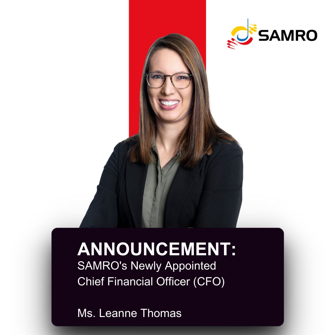 SAMROMusic's tweet photo. SAMRO proudly announces Leanne Thomas as the new Chief Financial Officer (CFO). Ms Thomas has been with SAMRO for a decade and has excelled in various roles during her tenure. She climbed the ranks from Financial Accountant to Group Financial Manager in 2013 and then to Senior Group Financial Manager in 2019.  In May 2023, she assumed the role of Acting Chief Financial Officer (ACFO) until she was appointed Chief Financial Officer (CFO). Leanne's expertise and dedication have already significantly impacted our business.

We are excited to share a momentous milestone at SAMRO.  With Ms Thomas' appointment, our Executive Committee (EXCO) is now 100% composed of remarkable women, including our Chief Executive Officer (CEO) and Chief Operations Officer (COO). This makes SAMRO truly unique among organisations in South Africa.