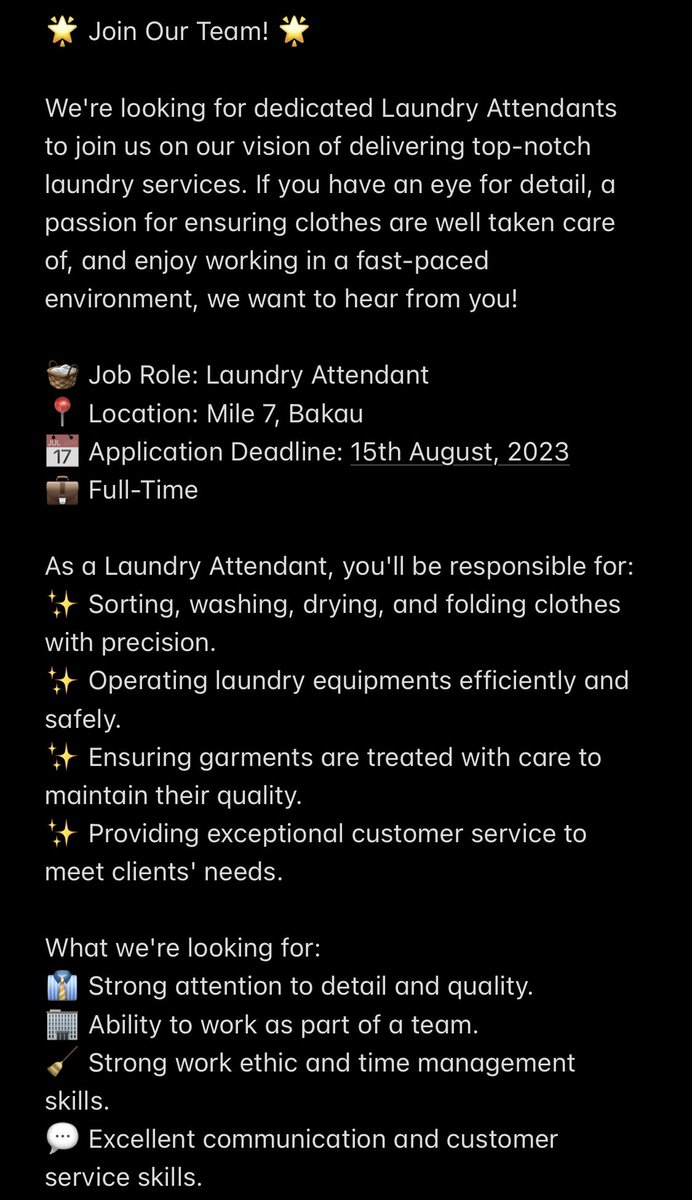 ProximaServices's tweet photo. Good Morning #Gambia! WE’RE HIRING!
Join us in creating a seamless laundry experience for our valued clients. We offer a supportive work environment, opportunities for growth, and a chance to be a part of a community-focused team.
For more info, ring 5069858
#ProximaServices https://t.co/Hr8aPXgm4N