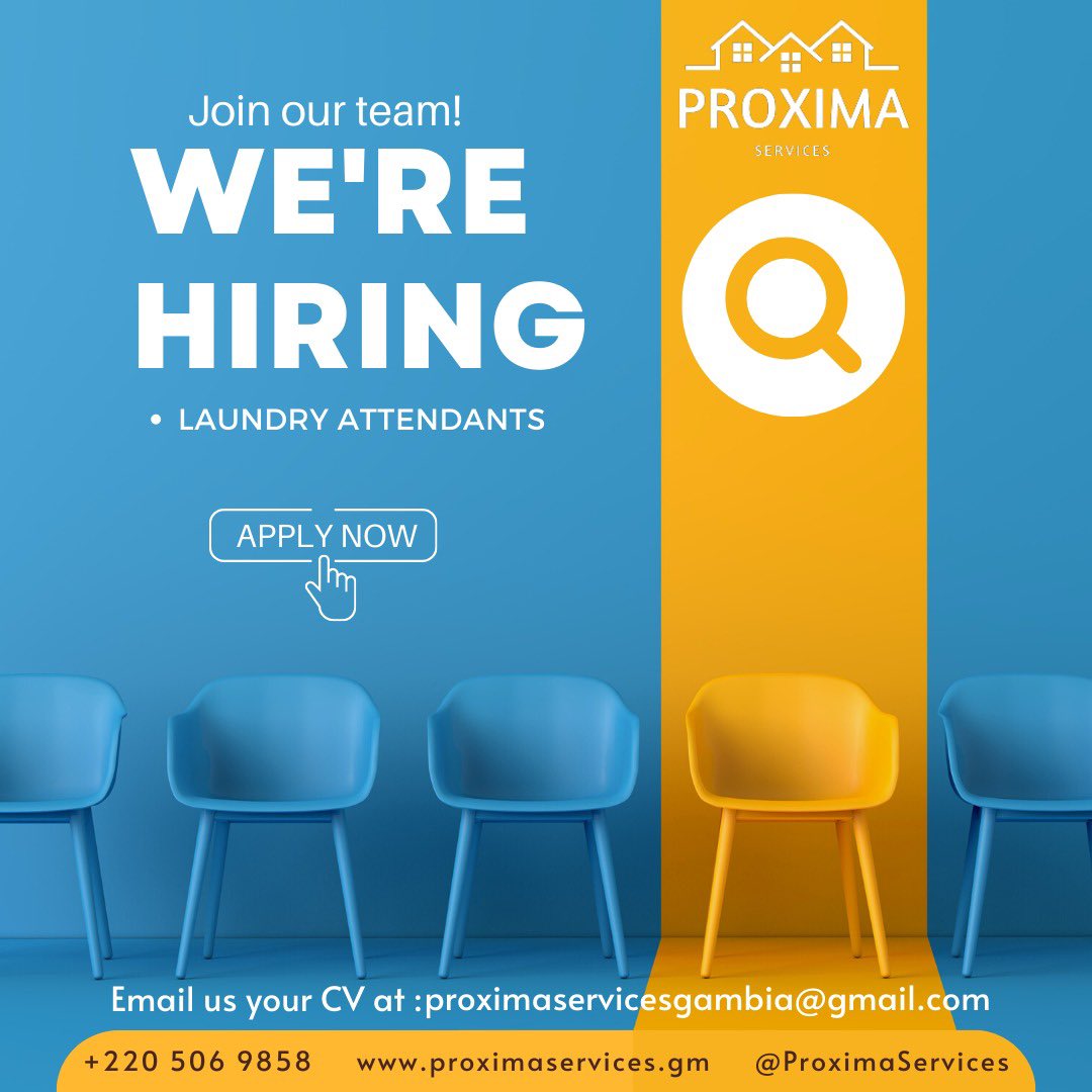 ProximaServices's tweet photo. Good Morning #Gambia! WE’RE HIRING!
Join us in creating a seamless laundry experience for our valued clients. We offer a supportive work environment, opportunities for growth, and a chance to be a part of a community-focused team.
For more info, ring 5069858
#ProximaServices https://t.co/Hr8aPXgm4N