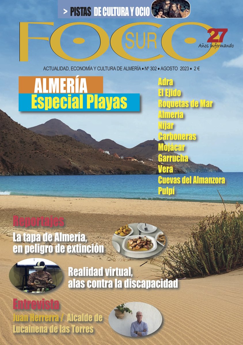 AlmeriaInfo37's tweet photo. Ya está en todos los quioscos y en edición digital el número de agosto de #FocoSur, la revista de #Almería, este mes con un completo Especial de #Playas de Almería, con las mejores propuestas de ocio y cultura en la costa almeriense... (1) https://t.co/a2YprzfLUp