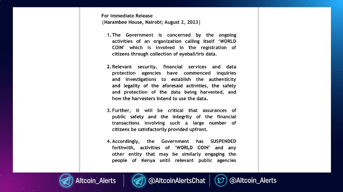 Altcoin_Alerts's tweet photo. 🚨BREAKING: Kenya Government Suspends All Activities Of Worldcoin In The Country ! $WLD https://t.co/AB0I5DlmLs