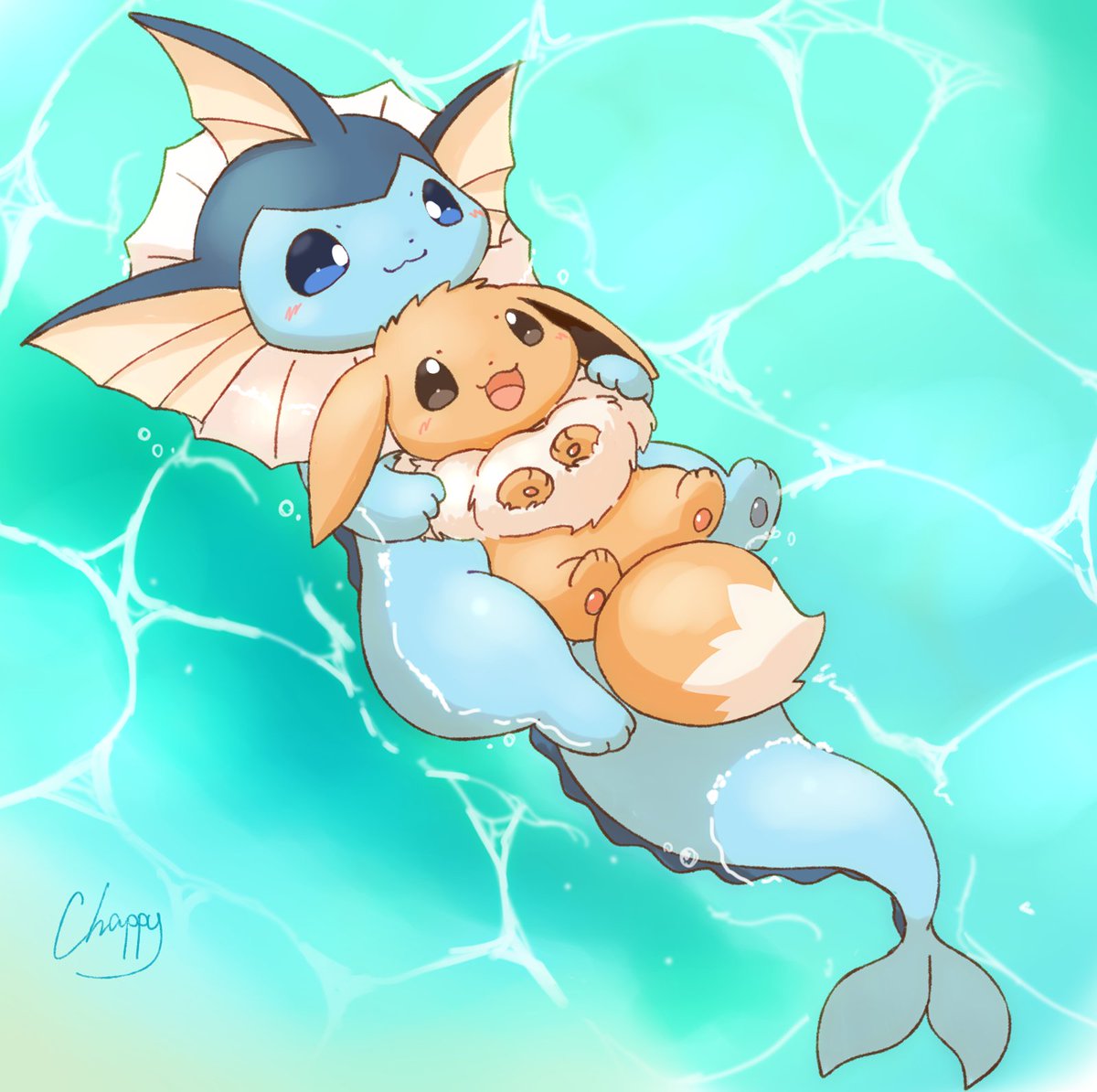 eevee ,vaporeon pokemon (creature) no humans water :3 smile open mouth signature  illustration images